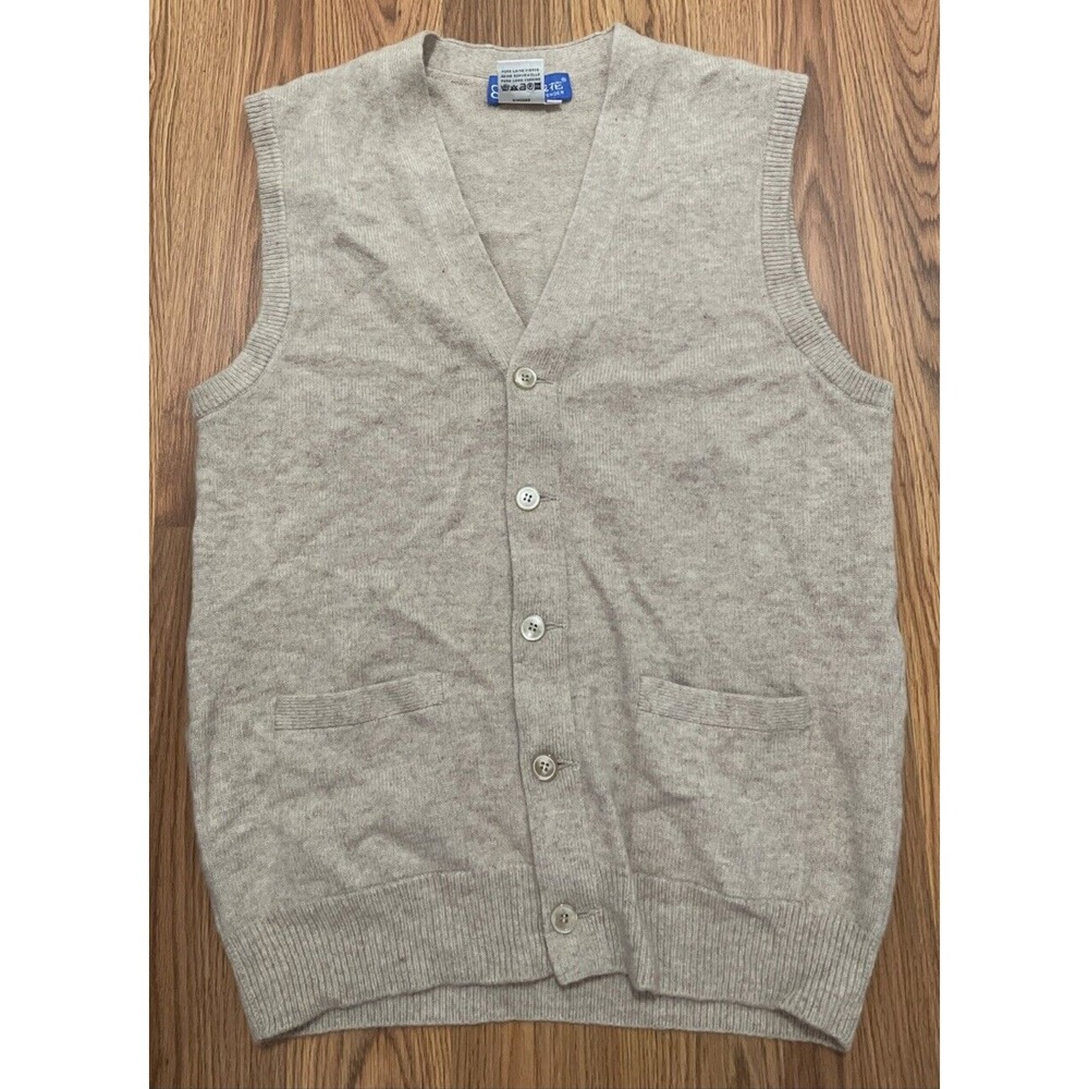 Woolmark Lambswool Sweater Vest Mens Medium V-Neck Classic Knit Tan